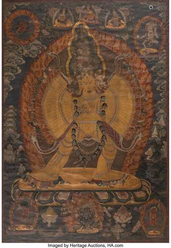 A Tibetan Partial Gilt and Polychromed Thangka 33-3/8 x 23-3...