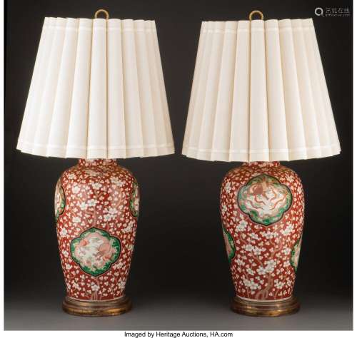 A Pair of Japanese Enameled Porcelain Vases Mounted as Lamps...