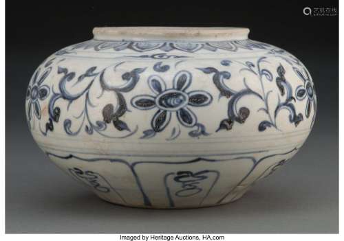A Vietnamese White and Blue Ceramic Jar 5-1/4 x 8-3/4 inches...
