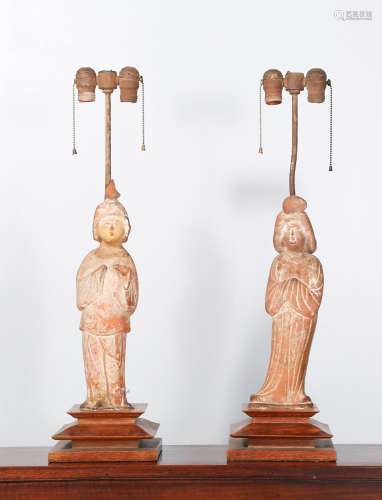 Pair of Chinese Tang Style Earthenware Court Lady Lamps D1A1