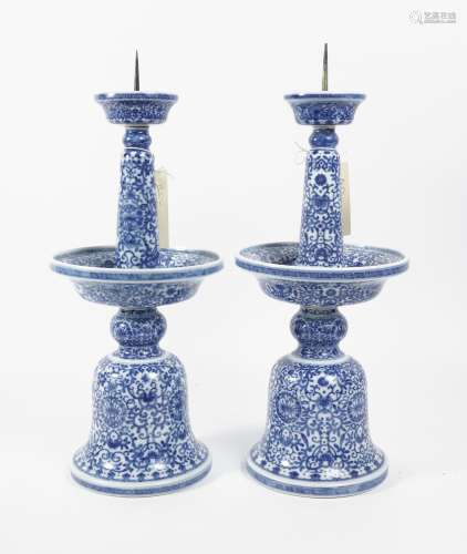 Pair of Chinese Blue and White Porcelain Candle Stands, Qian...
