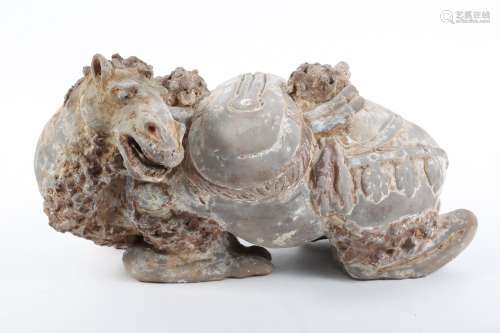 Chinese Earthenware Recumbent Bactrian Camel, Tang Dynasty D...