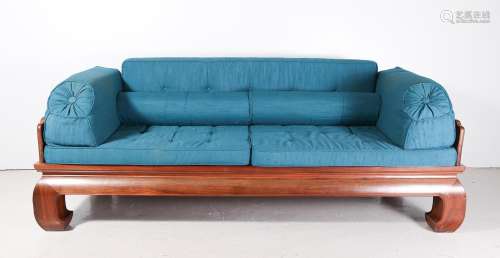 Chinese Blue Silk Upholstered Hardwood Kang Bench D1A1
