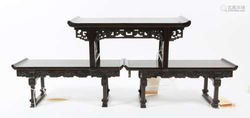 Pair of Chinese Zitan Miniature Altar Tables together with A...