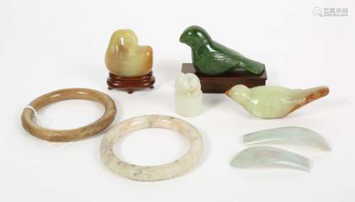 Three Chinese Carved Jade Birds, a Seal and Two Bangles, and...