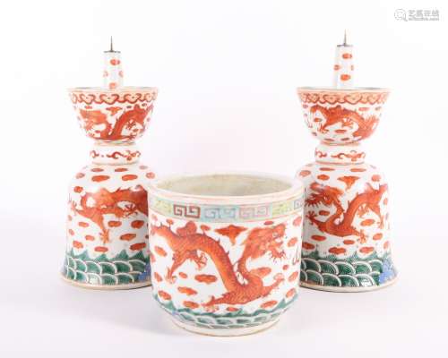 Set of 2 Chinese Enamel Decorated Porcelain Candle Sticks an...