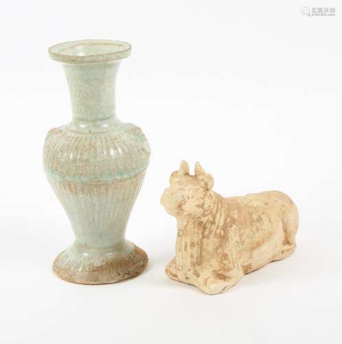 Chinese Qingbai Ribbed Vase and a White Glazed Earthenware B...