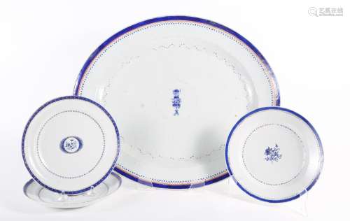 Chinese Enameled Blue and Parcel-gilt Export Porcelain Platt...