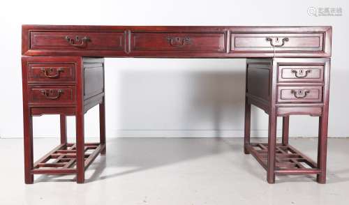 Chinese Hardwood Seven Drawer 3-Part Desk, 20th Century D1A1