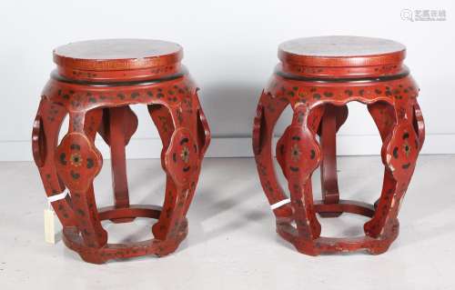 Pair of Chinese Red Lacquer Stools, Qing Dynasty D1A1