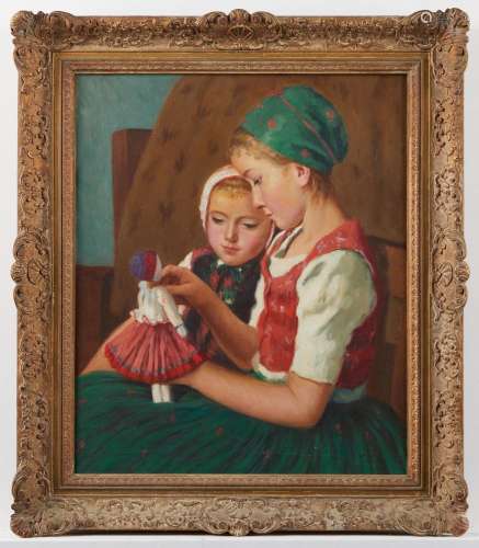 Oscar Glatz Oil on Canvas of Two Girls