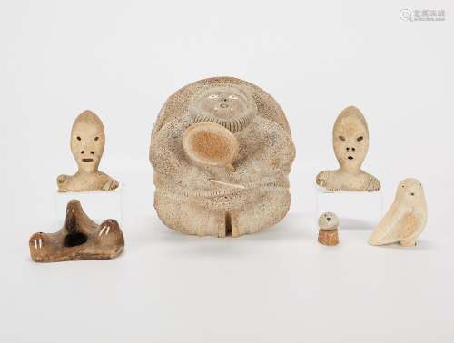 Group of 6 Inuit Bone Carvings Incl. Large Man