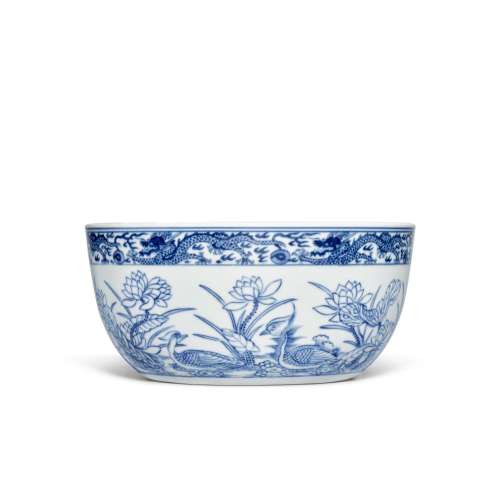 A blue and white 'lotus pond' bowl, Seal mark and period of ...
