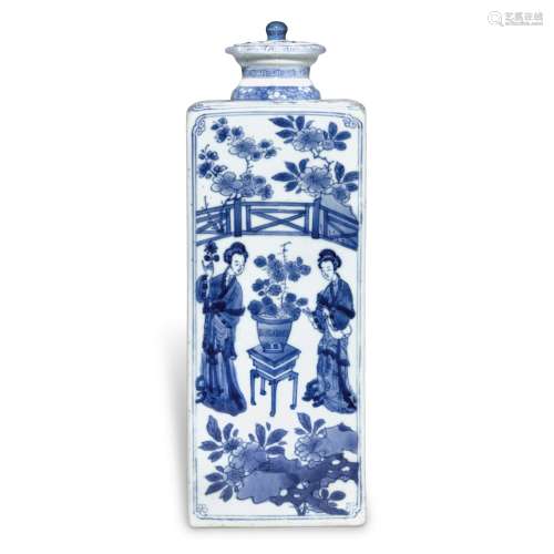 A blue and white 'ladies' square jar and cover, Qing dynasty...