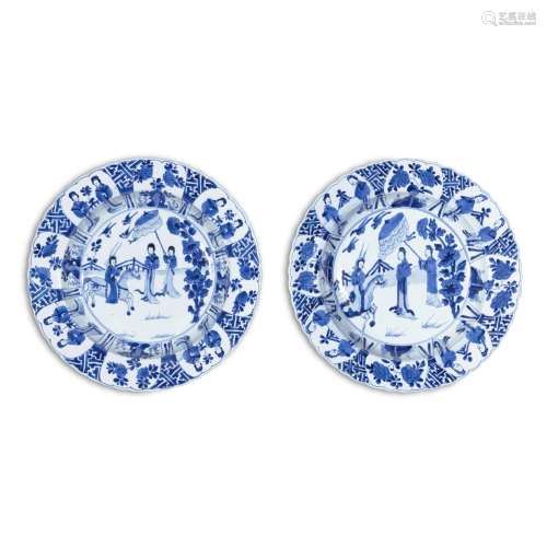 A pair of large blue and white 'ladies' lobed dishes, Marks ...