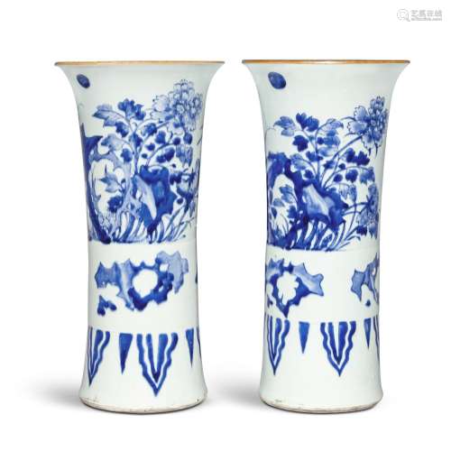 A pair of blue and white 'birds and flowers' beaker vases, Q...