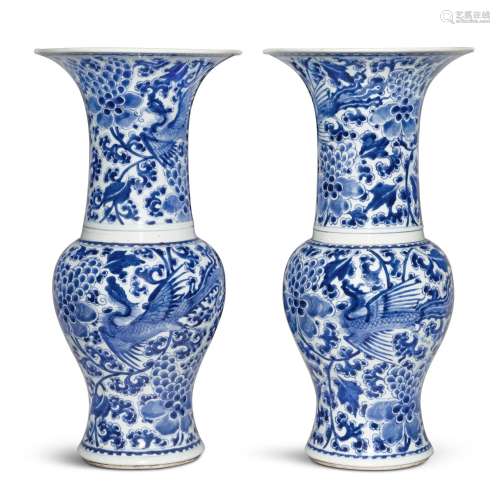 A pair of blue and white 'phoenix' yenyen vases, Qing dynast...