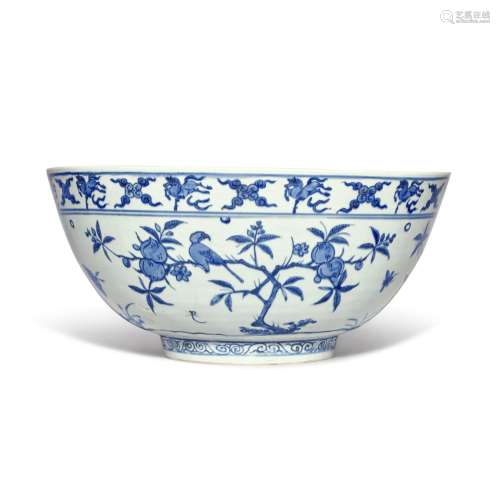 A large blue and white 'birds and flowers' bowl, Late Ming d...