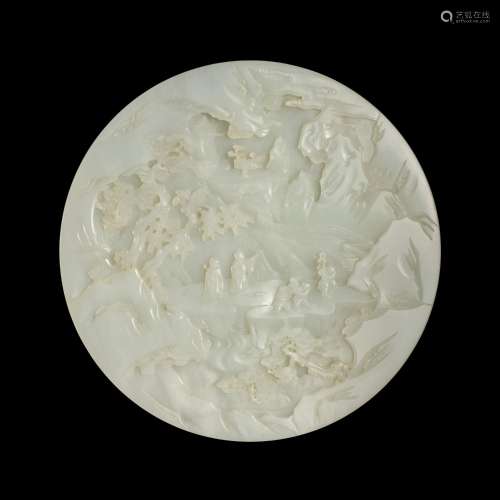 A finely carved white jade 'figural' circular table screen, ...
