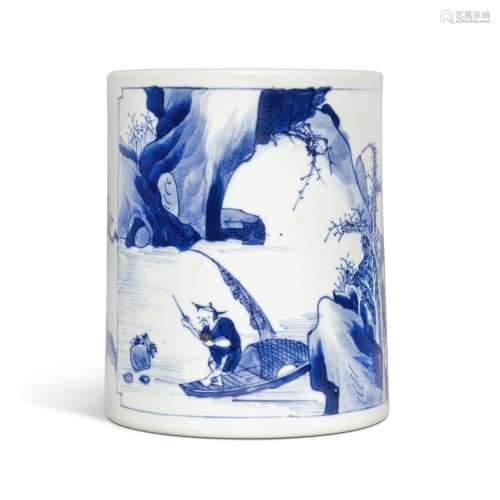 A blue and white 'landscape' brushpot, Qing dynasty, Kangxi ...
