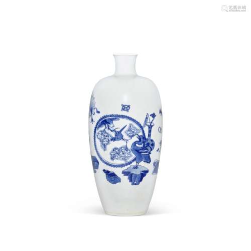 A rare blue and white 'Hundred Antiques' slender ovoid vase,...