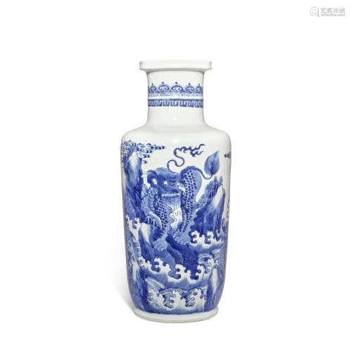 A blue and white 'qilin' rouleau vase, Qing dynasty, Kangxi ...