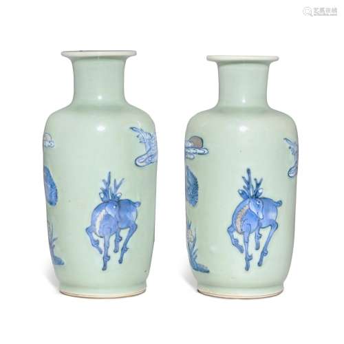 A pair of celadon-ground underglaze-blue and copper-red 'lon...