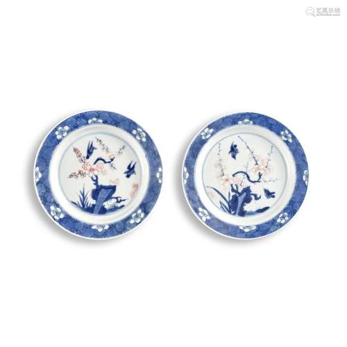 A pair of blue and white and copper-red 'magpie and prunus' ...