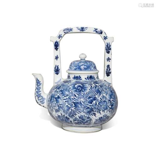 A large blue and white 'floral' wine pot and cover, Qing dyn...