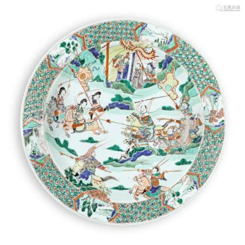 A large famille-verte 'Water Margin' dish, Qing dynasty, Kan...