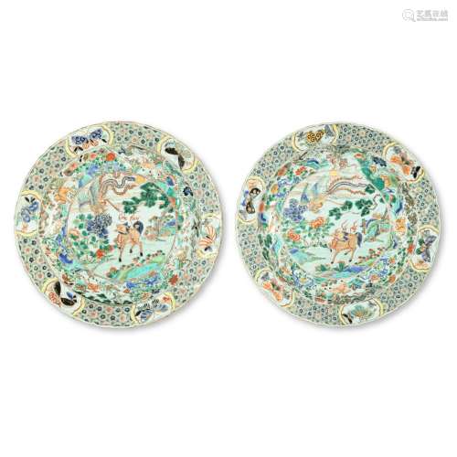 A pair of finely enameled famille-verte 'qilin and phoenix' ...