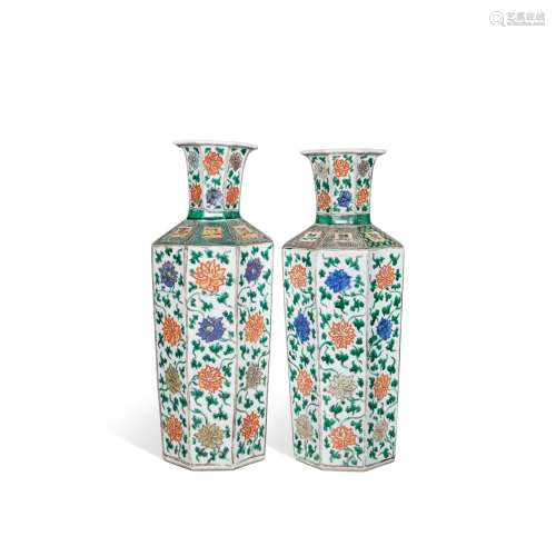 A pair of famille-verte 'scrolling peony' octagonal vases, Q...