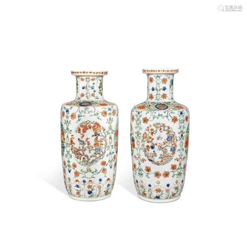 A pair of famille-verte 'four seasons' rouleau vases, Qing d...