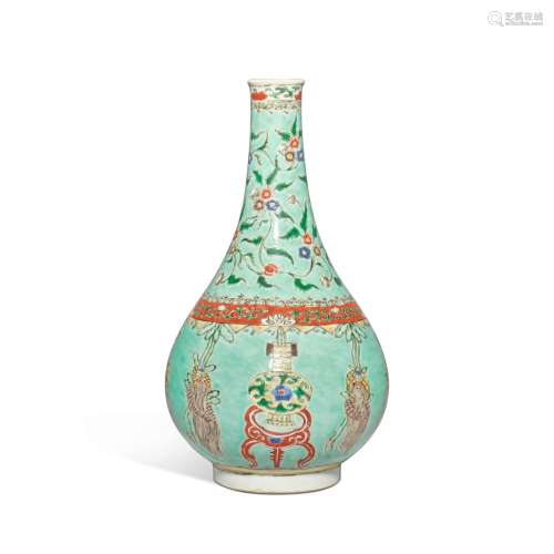 A pale-green-ground famille-verte 'antiques' bottle vase, Qi...