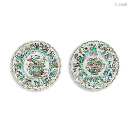 A pair of large famille-verte 'flower basket' dishes, Qing d...