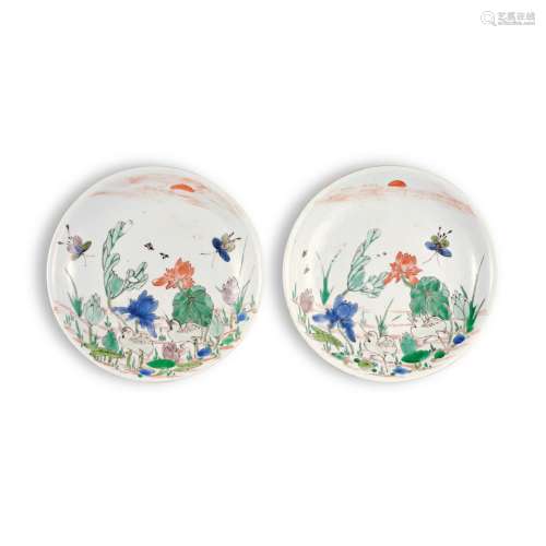 A pair of famille-verte 'heron and lotus' dishes, Qing dynas...