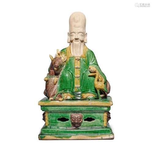 A famille-verte biscuit figure of Shoulao, Qing dynasty, ear...