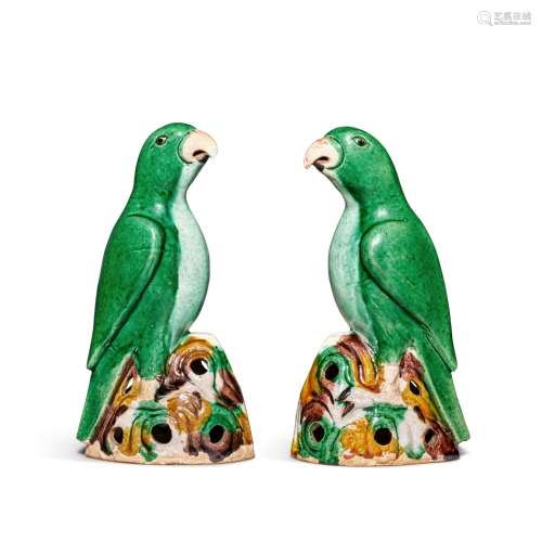 A pair of famille-verte biscuit figures of parrots, Qing dyn...