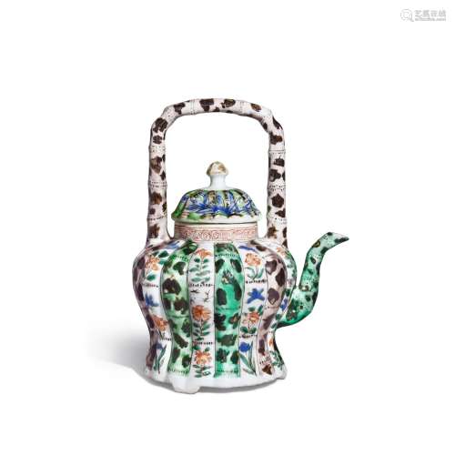 A famille-verte bamboo-form teapot and cover, Qing dynasty, ...