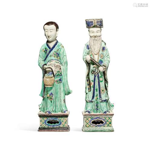 Two famille-verte biscuit figures of immortals, Qing dynasty...