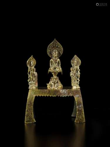 An extremely rare gilt-bronze Amitabha triad altarpiece, Tan...