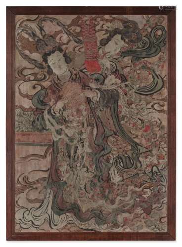 A polychrome stucco 'celestial maidens' fresco panel, Ming d...