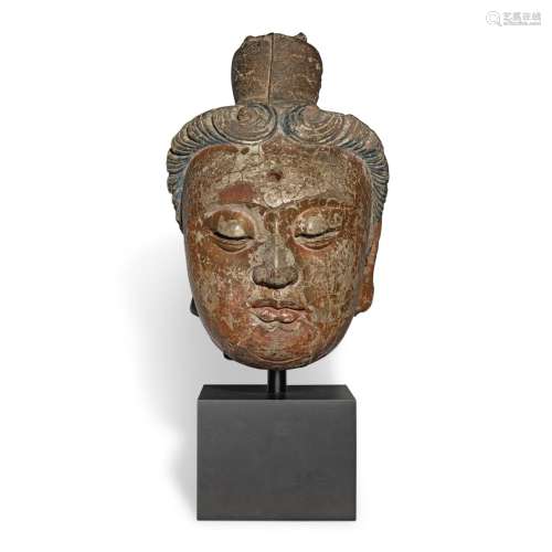 A polychrome-painted stucco and iron head of Buddha Song / Y...