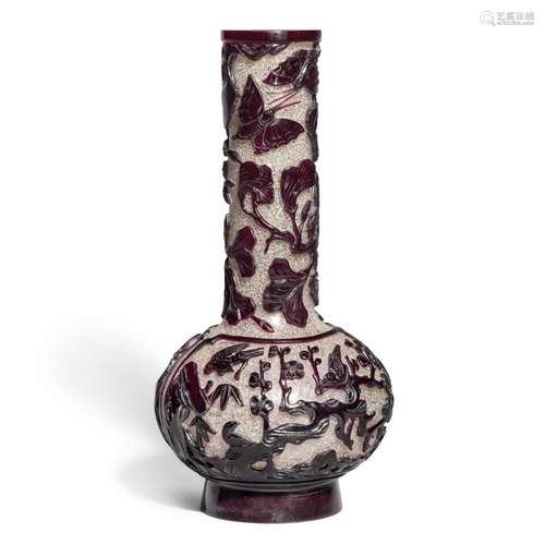 A ruby-red overlay snowflake glass 'bird and flower' vase Ma...