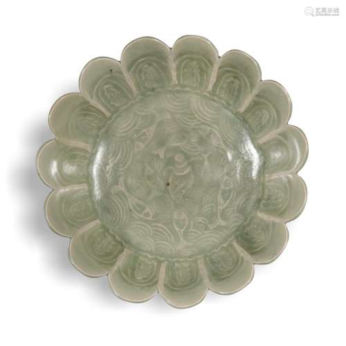 A rare molded 'Yaozhou' celadon-glazed 'fish' foliate bowl, ...