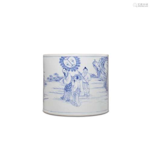 A blue and white 'figural' brushpot, Qing dynasty, Kangxi pe...