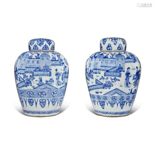 A pair of blue and white 'ladies' jars and covers, Qing dyna...