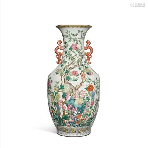 A large famille-rose 'floral' handled vase, Qing dynasty, 19...