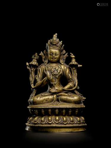 A SILVER AND COPPER INLAID BRASS FIGURE OF MAITREYA CENTRAL ...