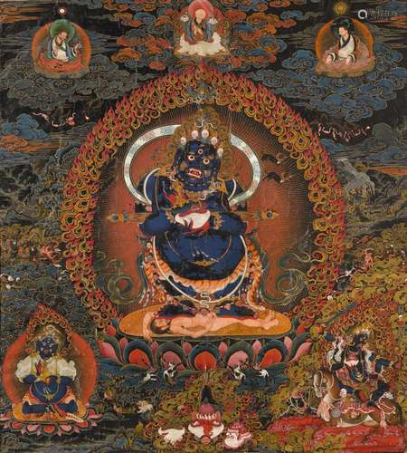 A BLACKGROUND THANGKA OF PANJARNATA MAHAKALA  CENTRAL TIBET,...